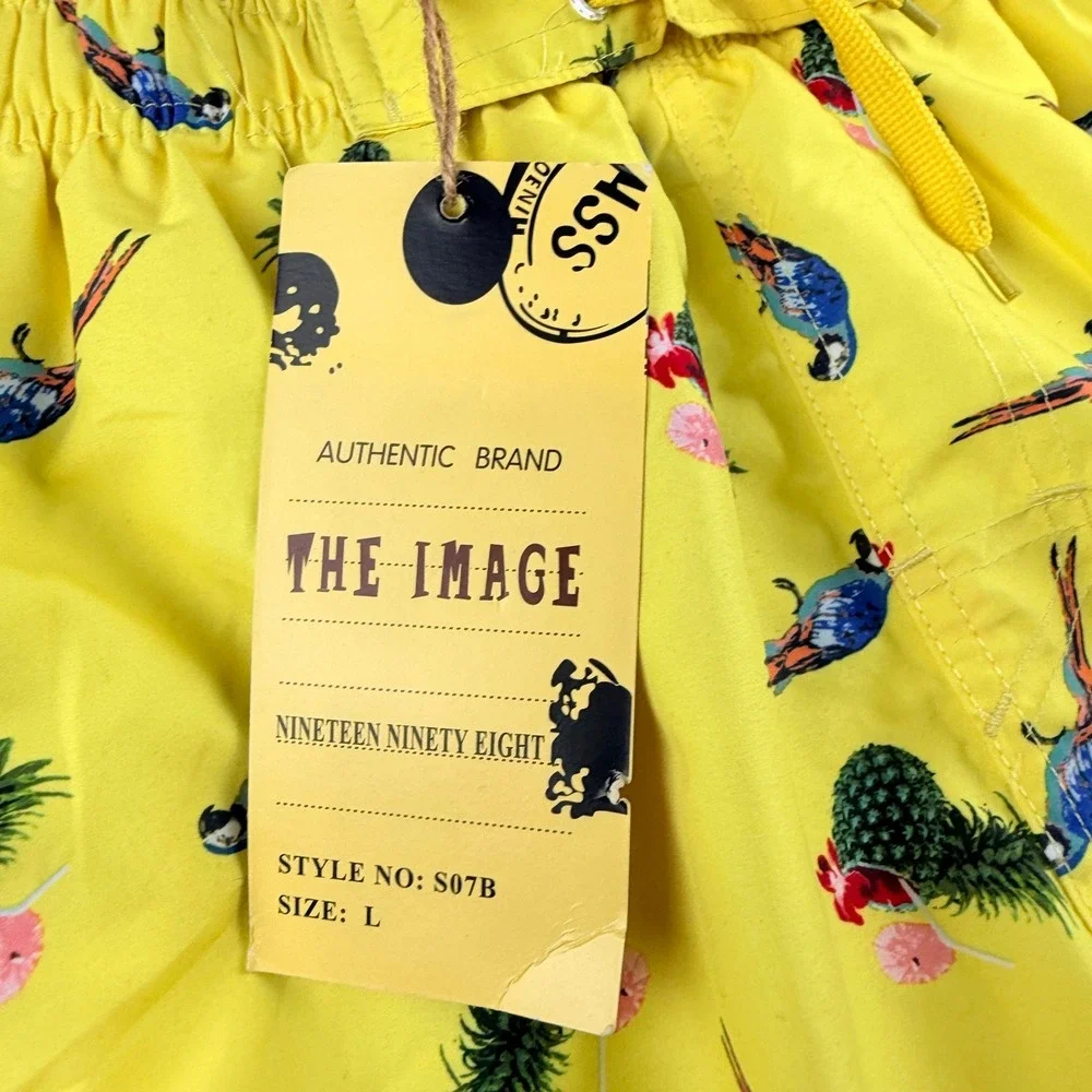 The‎ Image Men's Large Yellow Tropical Parrot Pineapple Swim Trunks Cargo Shorts